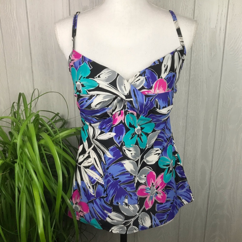 Simply Swim tankini adjustable strap swim top black with bright floral print